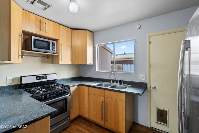 kitchen with appliances with stainless steel finishes, sink, and dark hardwood / wood-style flooring