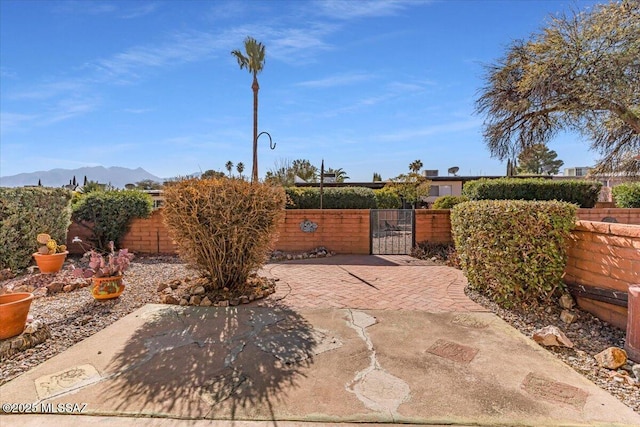 view of patio / terrace with a mountain view