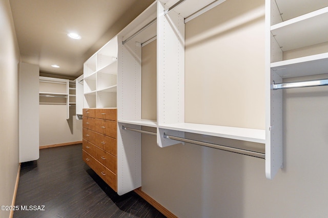 walk in closet with dark wood-type flooring