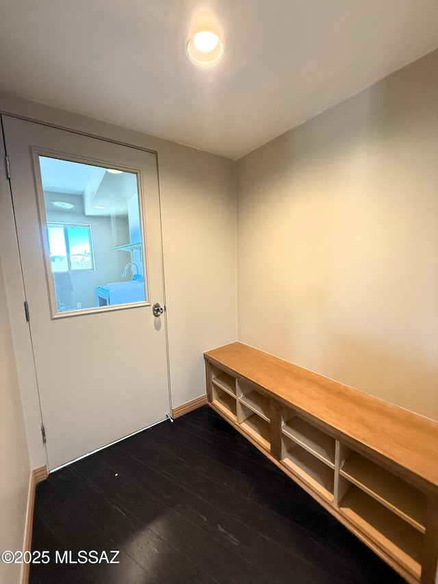 mudroom featuring dark wood-type flooring