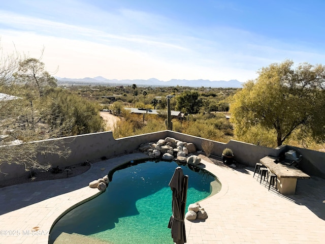 view of pool with a mountain view, a patio area, and a bar