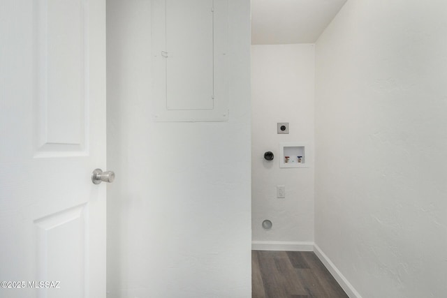 washroom with hookup for an electric dryer, laundry area, electric panel, dark wood-style flooring, and washer hookup