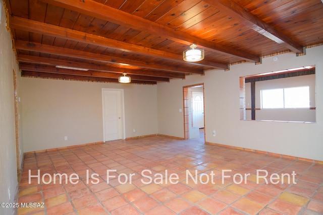 empty room with wood ceiling and beam ceiling