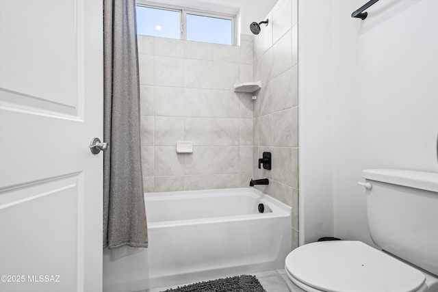 bathroom with toilet and shower / bathtub combination with curtain