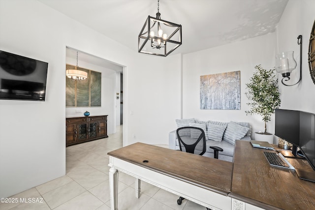 office area featuring a notable chandelier and light tile patterned flooring