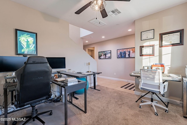 tiled office with ceiling fan