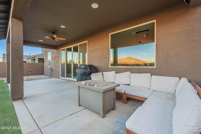 view of patio / terrace with ceiling fan, grilling area, and an outdoor hangout area