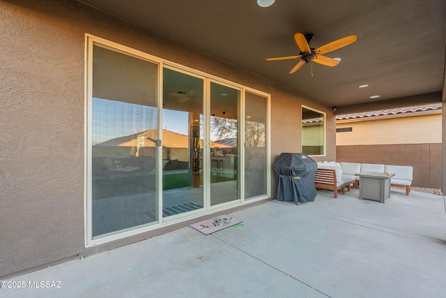 view of patio / terrace featuring ceiling fan, outdoor lounge area, and grilling area