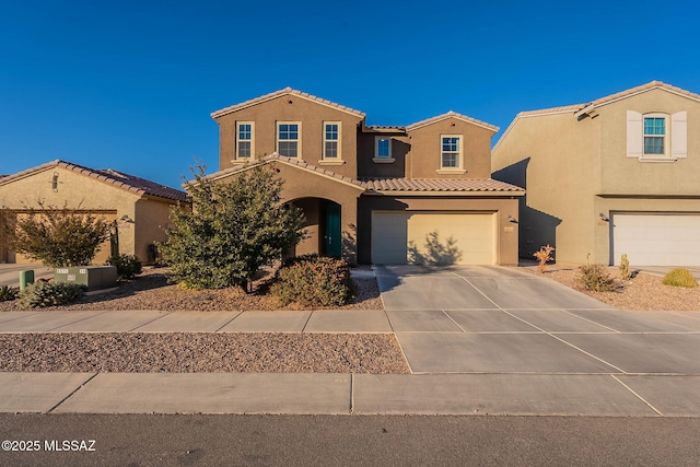 mediterranean / spanish-style home with a garage and central AC unit