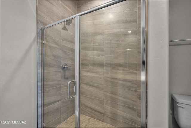 bathroom with a shower stall and toilet