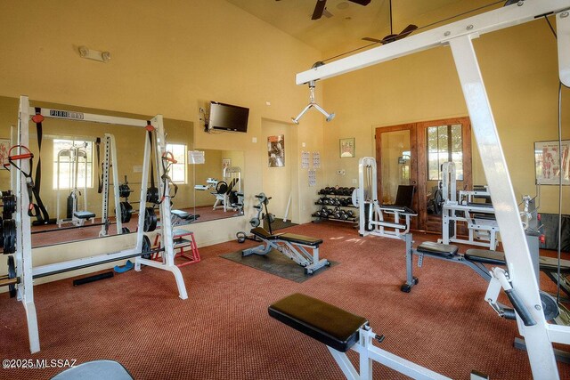 exercise room with carpet, a high ceiling, and a ceiling fan