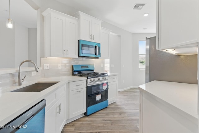 kitchen with visible vents, a sink, appliances with stainless steel finishes, light wood finished floors, and decorative backsplash