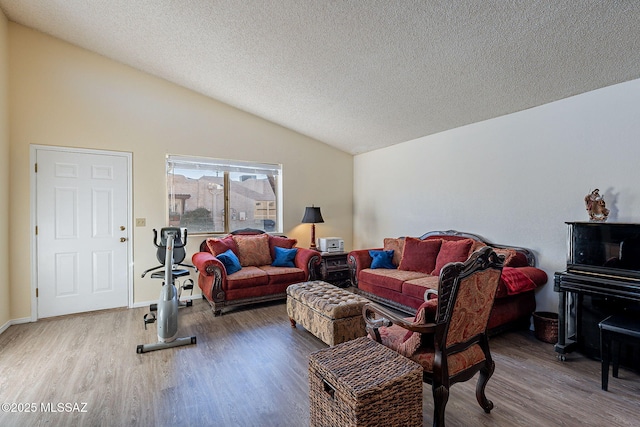 living area featuring a textured ceiling, vaulted ceiling, and wood finished floors