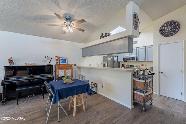 kitchen featuring lofted ceiling, a peninsula, wood finished floors, a ceiling fan, and appliances with stainless steel finishes