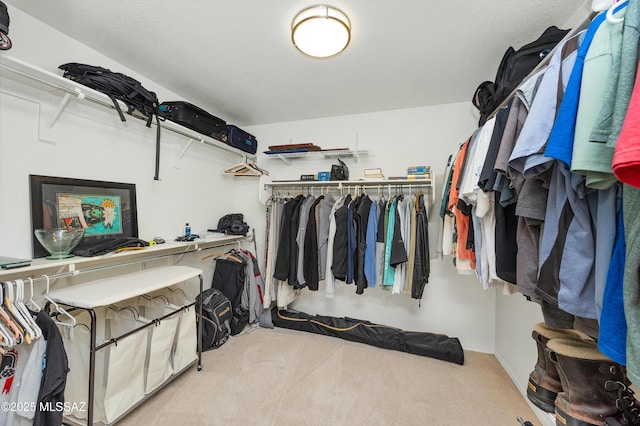 walk in closet with light colored carpet