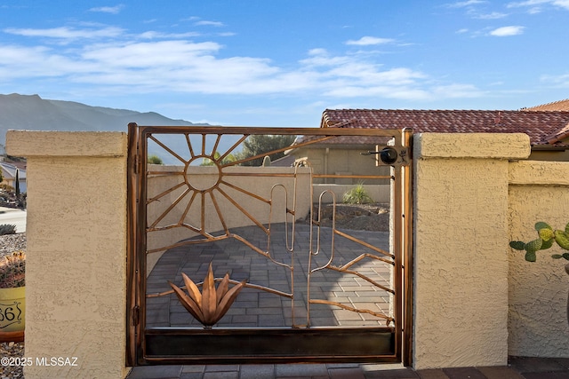 view of gate featuring a mountain view