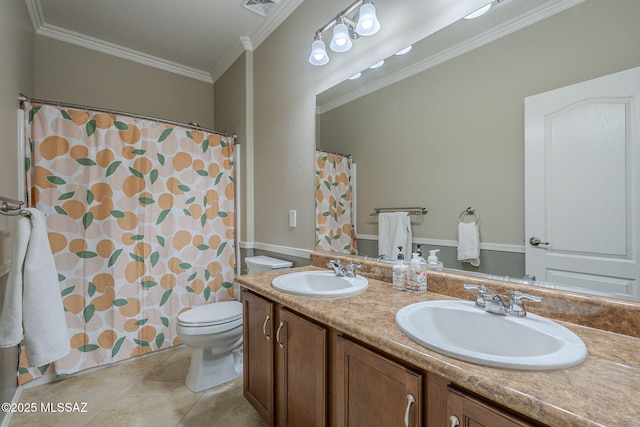 bathroom with tile patterned flooring, crown molding, vanity, and toilet