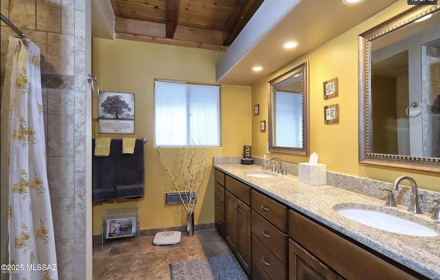 bathroom with beamed ceiling, vanity, wood ceiling, and a shower with shower curtain