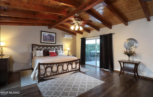 bedroom featuring vaulted ceiling with beams, dark wood-type flooring, access to exterior, and wood ceiling