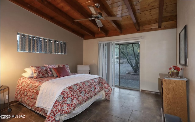 bedroom with lofted ceiling with beams, dark tile patterned flooring, access to outside, ceiling fan, and wood ceiling