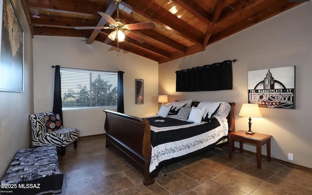 bedroom with vaulted ceiling with beams, ceiling fan, and wooden ceiling