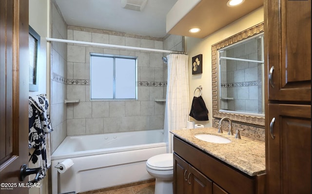 full bathroom with shower / bathtub combination with curtain, vanity, and toilet