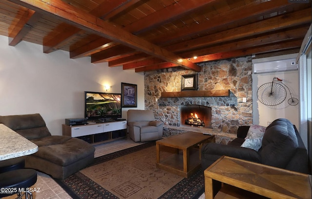 living room with wood ceiling, a stone fireplace, a wall mounted AC, and beam ceiling