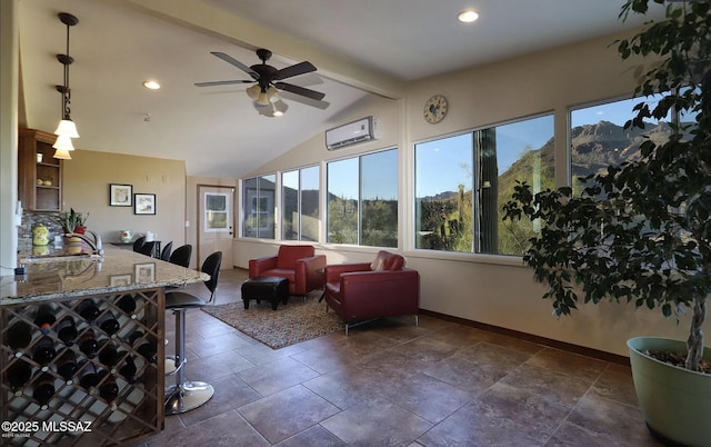 sunroom / solarium with lofted ceiling with beams, sink, a wall mounted air conditioner, and ceiling fan