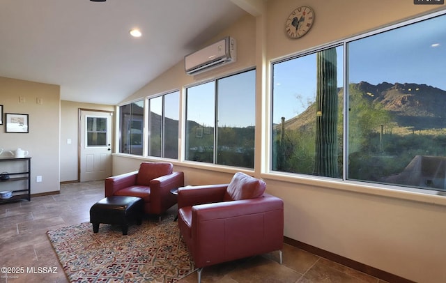 sunroom / solarium with lofted ceiling, a mountain view, and a wall unit AC