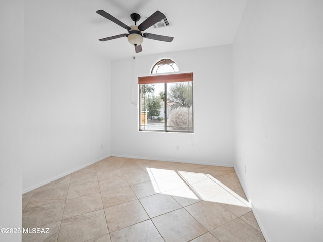 tiled empty room with visible vents, baseboards, and a ceiling fan