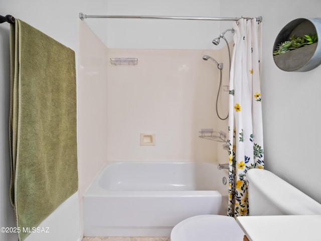 full bathroom with toilet and shower / bathtub combination with curtain