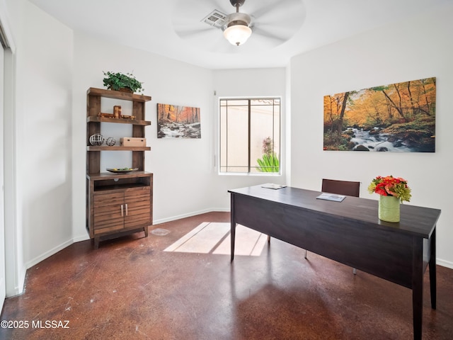 home office featuring visible vents, a ceiling fan, and baseboards