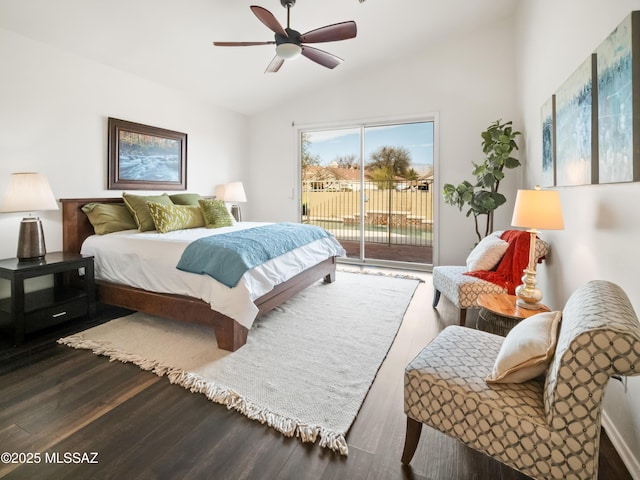 bedroom featuring access to outside, ceiling fan, lofted ceiling, and wood finished floors