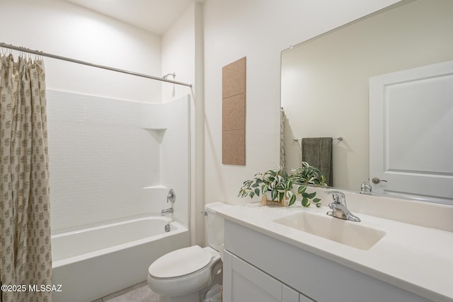 full bathroom with shower / bath combo, vanity, and toilet