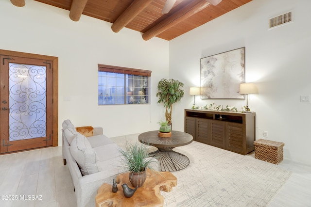 sitting room with wooden ceiling, beamed ceiling, and light wood-type flooring