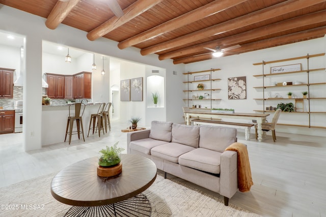 living room with wood ceiling and beamed ceiling