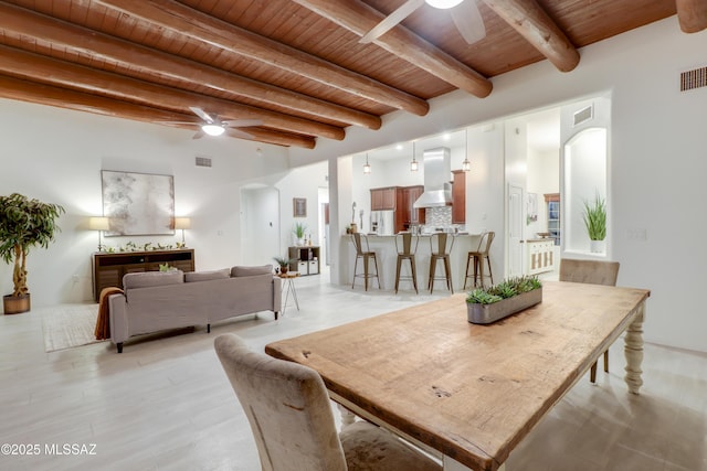 dining space featuring wooden ceiling, ceiling fan, and beamed ceiling