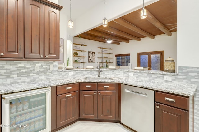 kitchen with dishwasher, sink, beamed ceiling, beverage cooler, and wooden ceiling