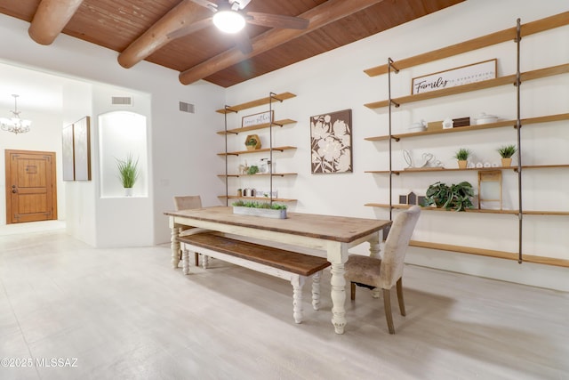 dining space featuring wooden ceiling, beamed ceiling, and an inviting chandelier