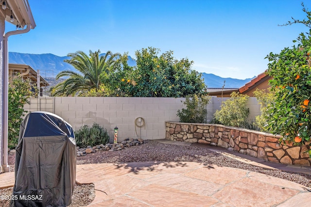 view of patio with grilling area and a mountain view