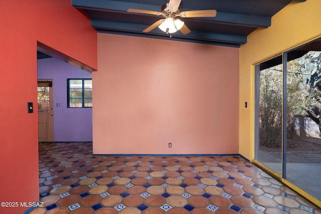 spare room featuring beam ceiling and ceiling fan