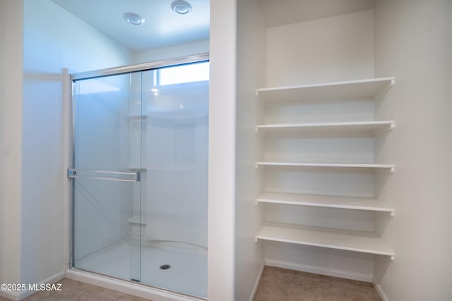 bathroom featuring a shower with door