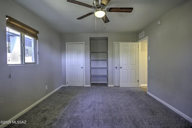 unfurnished bedroom featuring ceiling fan, a closet, carpet floors, and access to outside