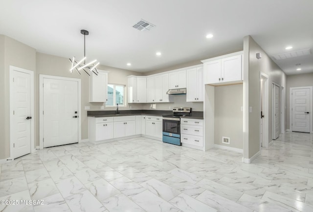 kitchen with stainless steel electric range oven, dark countertops, visible vents, white cabinets, and under cabinet range hood