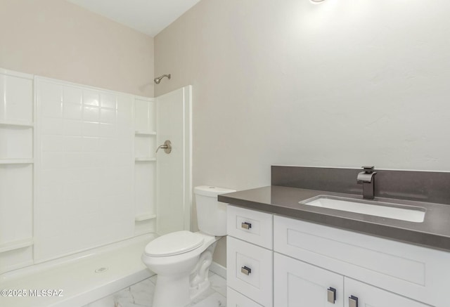 full bath with marble finish floor, a shower, vanity, and toilet