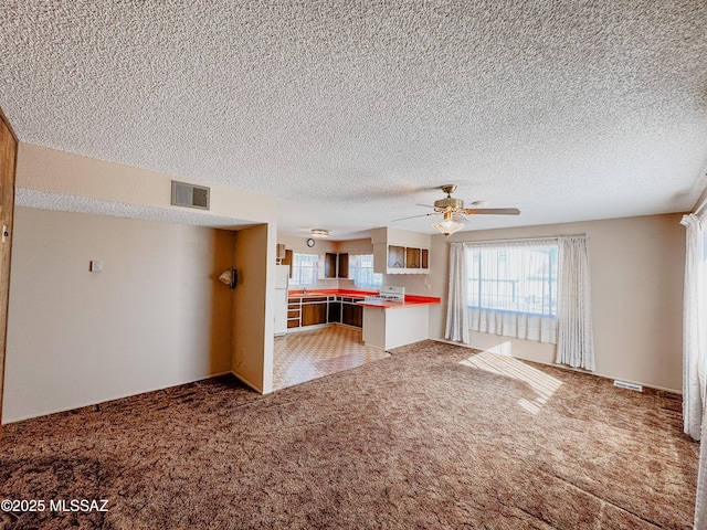 281 E Walker St, Benson, AZ 85602 - unfurnished living room with a textured ceiling, ceiling fan, and carpet flooring