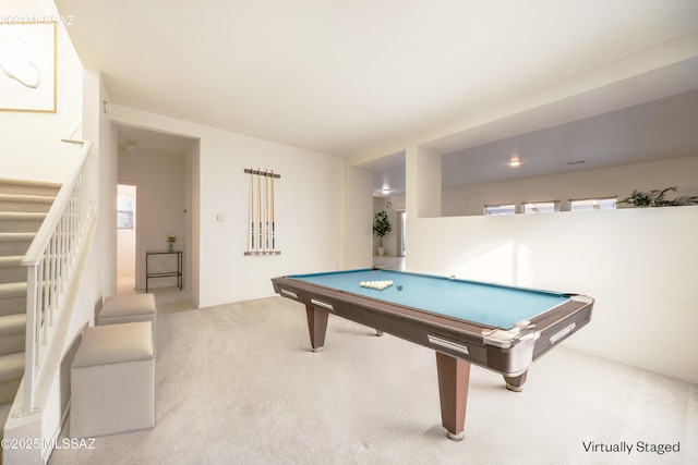 game room featuring billiards and light colored carpet