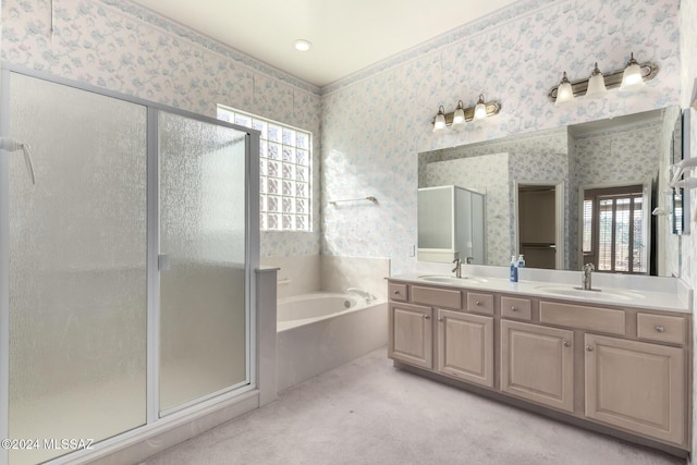 bathroom with vanity, a wealth of natural light, and shower with separate bathtub