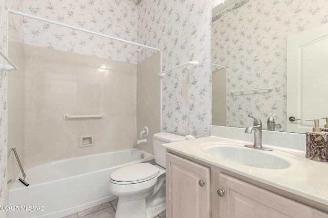 full bathroom featuring toilet,  shower combination, tile patterned flooring, and vanity