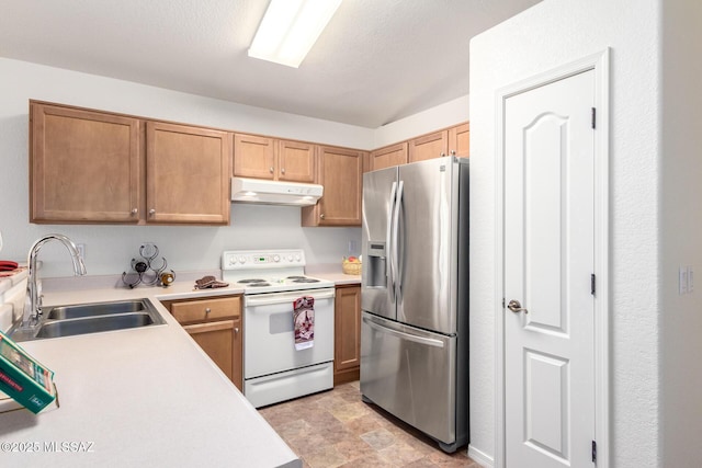 kitchen featuring sink, stainless steel refrigerator with ice dispenser, and white electric range oven